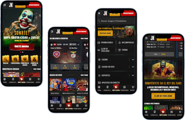 Jokery Casino versión móvil con juegos, apuestas, menú y fidelidad